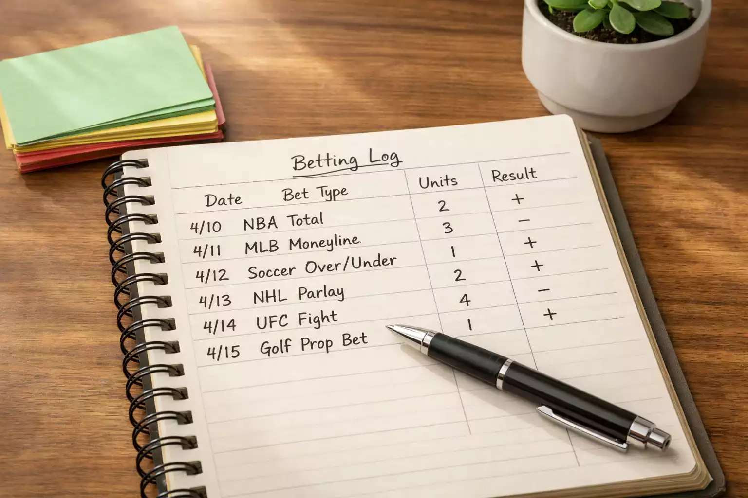 Person writing betting records in notebook with unit tracking system