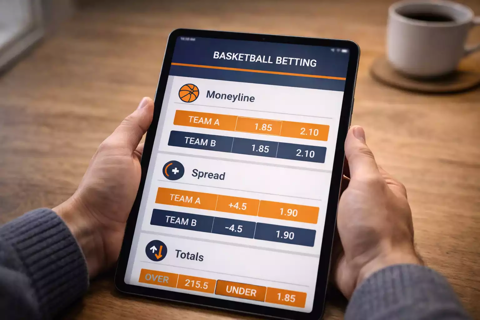 Visual guide showing different NBA bet types including moneyline spread and totals