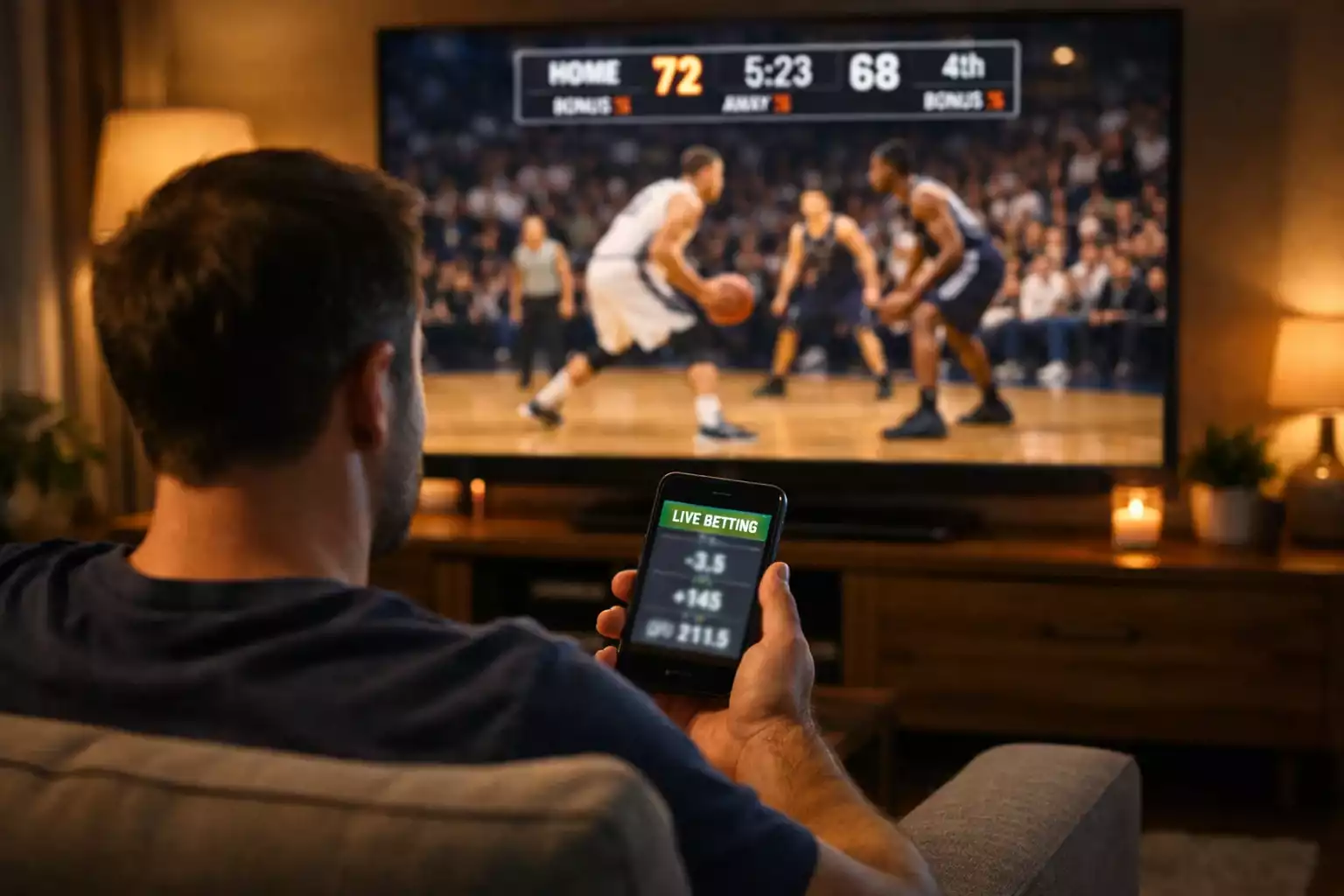 Fan watching NBA game on screen with live betting interface visible