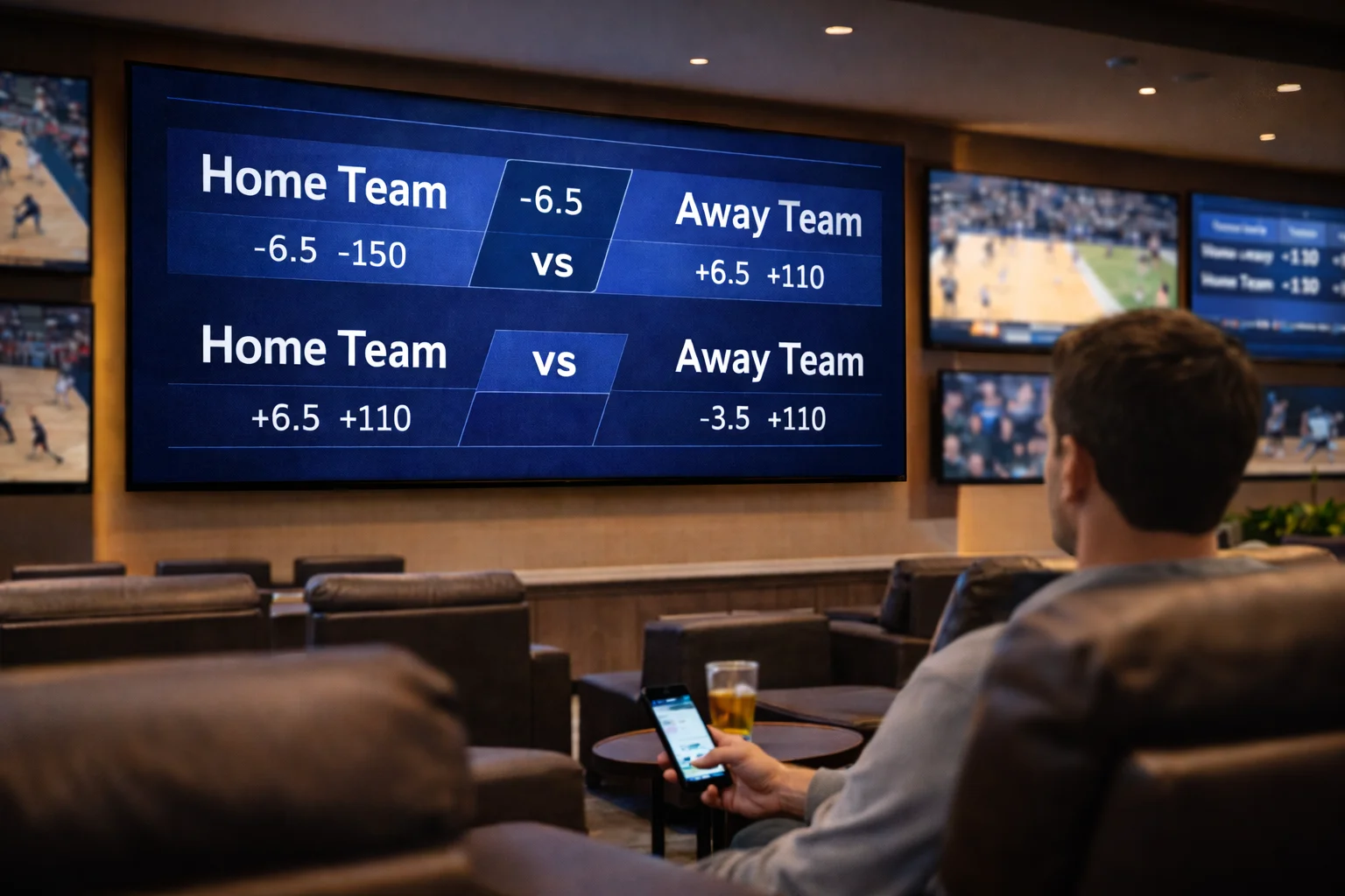 Sportsbook display showing NBA betting odds and point spreads